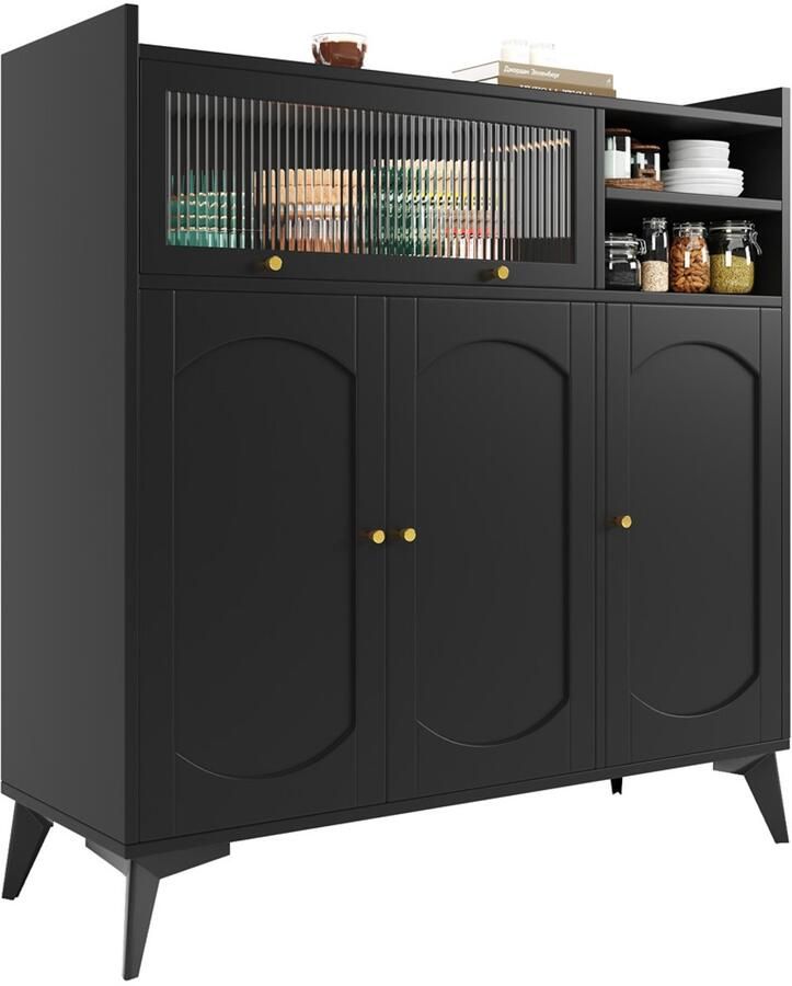 Dressoir opbergruimte kast zijkast met 3 stijlvolle geprofileerde deuren 1 houten klapdeur met gedeeltelijk gehard glas en 2 open vakken Verhoogde rand aan de bovenkant van de kast 120 x 39 8 x 118 5 cm zwart