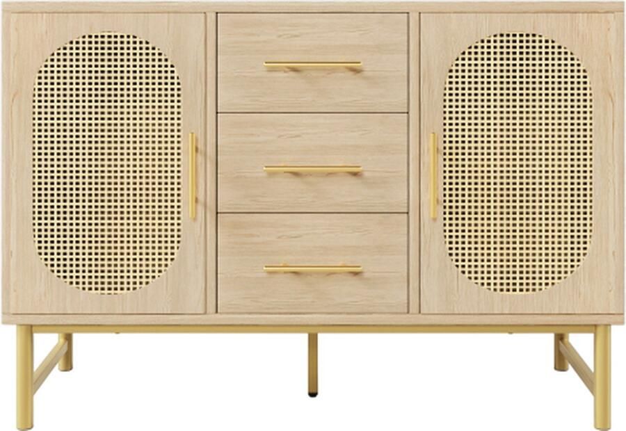 Zonder merk Gotagee Dressoir Rattan ladekast Opbergkast met 3 lades en 2 rotan deuren Woonkamerkast Zijkast Verstelbare planken