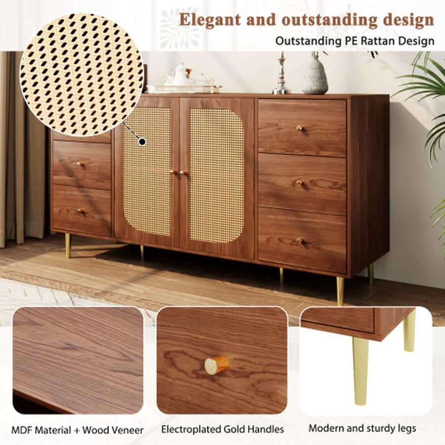 Merlooks Dressoir rotan dressoir opbergkast met lade onafhankelijke houten kast keuken huis woonkamer bruin 160 x 40 x 90 cm