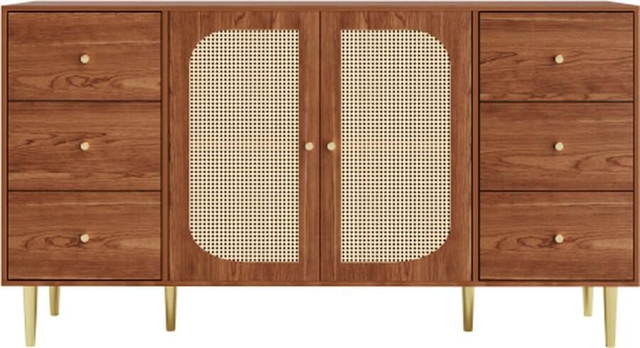 Zonder merk Gotagee Dressoir Rotan Opbergkast met Lade Onafhankelijke Houten Kast Keukenkast Bruin Woonkamerkast 160x40x90cm