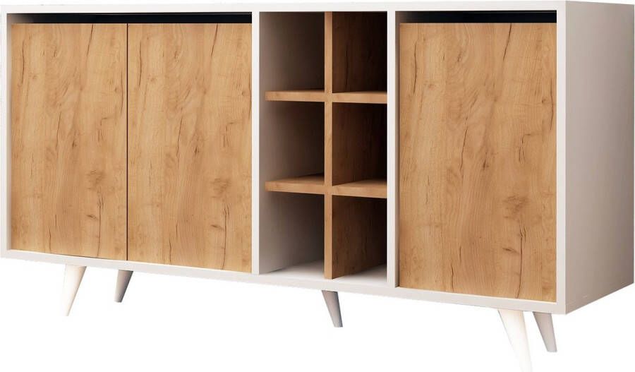 Asir console. 100% GEMELAMINEERDE SPAANPLAAT. Dikte: 18 mm. Breedte: 140 cm Hoogte: 86 cm Diepte: 40 cm. Poothoogte: 12 cm. Talrijke planken. Kan aan de muur worden bevestigd