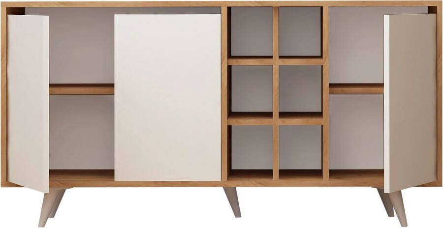 Asir-console. 100% GEMELAMINEERDE SPAANPLAAT. Dikte: 18 mm. Breedte: 140 cm Hoogte: 86 cm Diepte: 40 cm. Poothoogte: 12 cm. Talrijke planken. Kan aan de muur worden bevestigd