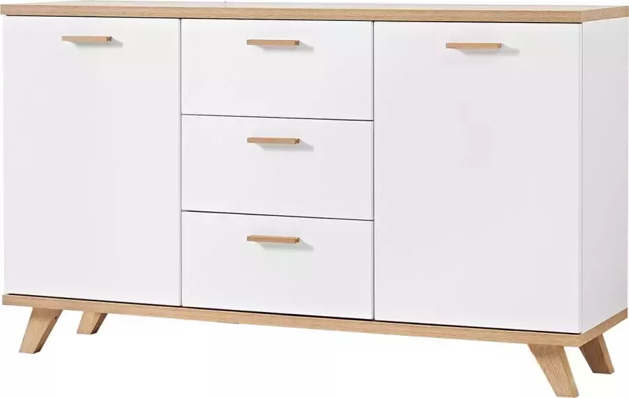 Dressoir Sundsvall Eiken Wit MDF Breedte 144 cm Hoogte 87 cm Diepte 40 cm Met lades Met planken Met openslaande deuren