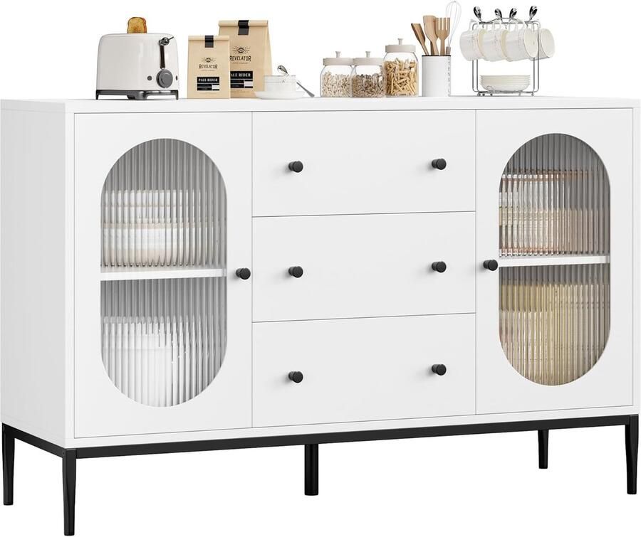 Dressoir van 120 cm Breed met 2 Glazen Deuren 3 Laden TV-Kast Buffetkast Hout Opbergkast voor Keuken Woonkamer Eetkamer 120 x 38 x 80 cm Wit