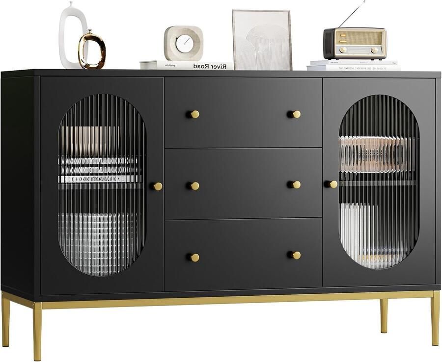 Dressoir van 120 cm Breed met 2 Glazen Deuren 3 Laden TV-Kast Buffetkast Hout Opbergkast voor Keuken Woonkamer Eetkamer 120 x 38 x 80 cm Zwart