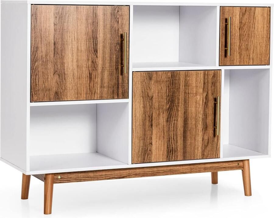 Dressoir van grenenhout buffetkast modern met 3 deuren 6 vakken en 4 poten vrijstaande accentkast voor woonkamer en slaapkamer (wit + natuur) - Foto 2