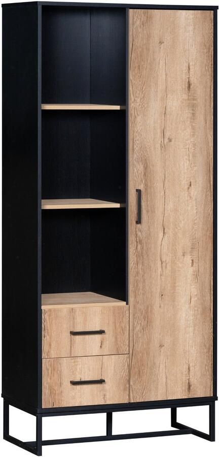 Dressoir vitrinekast hoog kast opbergkast met 3 open vakken 2 lades en 1 deur multifunctionele opbergruimte voor woonkamer kantoor en gang 80x40x180 cm houtkleur
