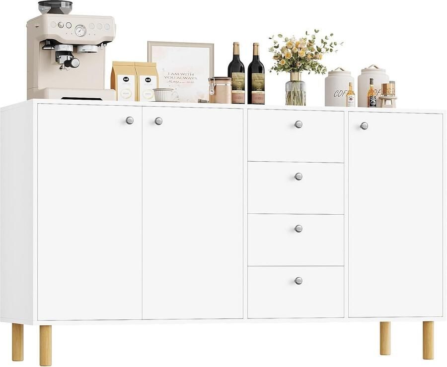 Dressoir voor Woonkamer Witte Commode Opbergkast Vrijstaande Kast Grote Kist met 4 Laden en 3 Deuren 140 x 40 x 80 cm Houten