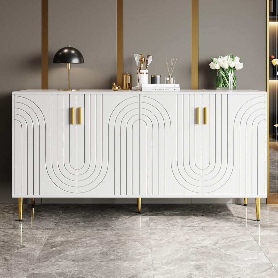 Gutent Dressoir Wit (152 x 40 x 75 cm) met Een Uniek Golvend Ontwerp en gouden handgrepen en pootjes voor een elegante eethoek