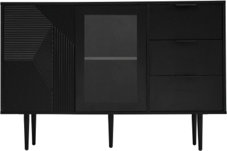GOTAGEE Dressoir woonkamerkasten vitrinekast bijzetkast met 3 laden en 2 deuren met metalen poten en glazen deuren 120 x 38 x 79.5 cm zwart