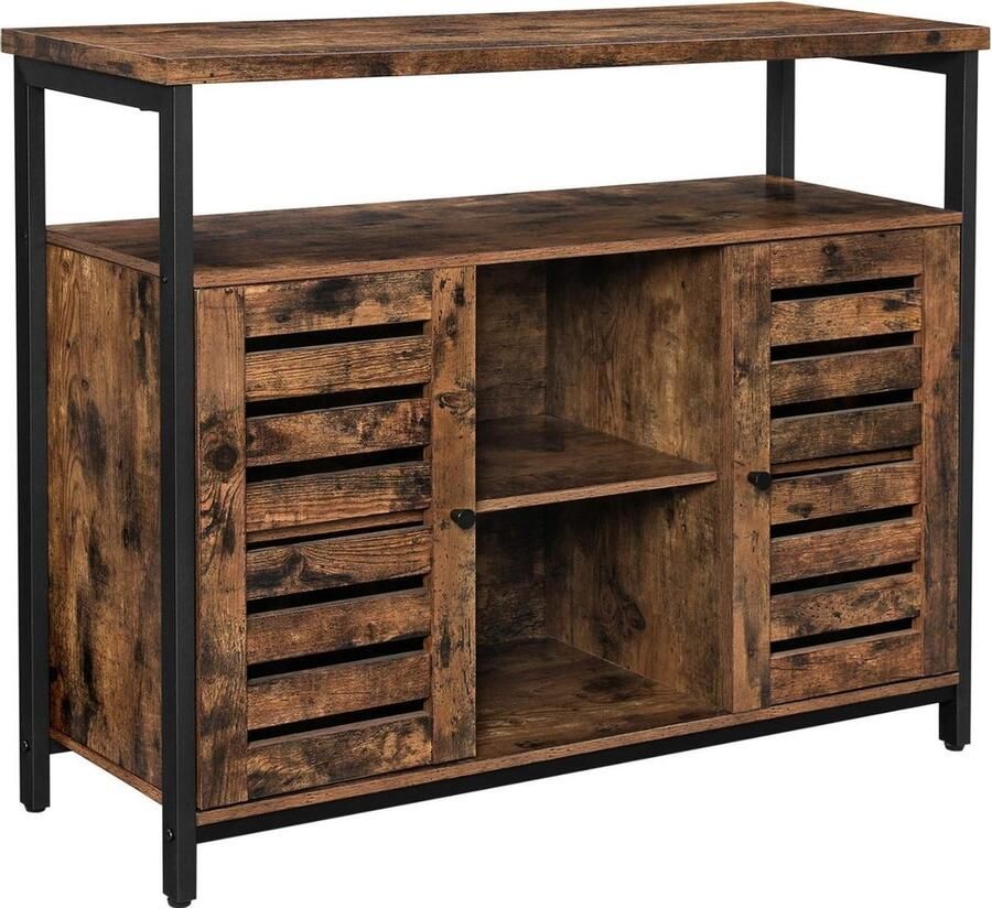 Dressoir zijkast keukenkast met open rekken halkast ladekast met lamellendeuren woonkamer eetkamer kantoor hal industrieel ontwerp vintage donkerbruin - Foto 1