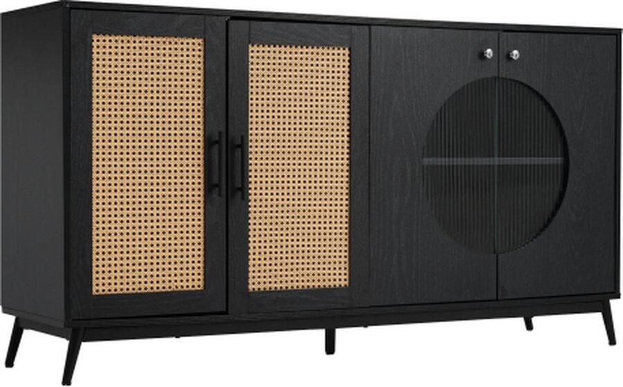 Zonder merk Gotagee Dressoir Zwart Met Glazen Rotan Deuren Halfronde Deur Hoge Kwaliteit Opslag Meubelen