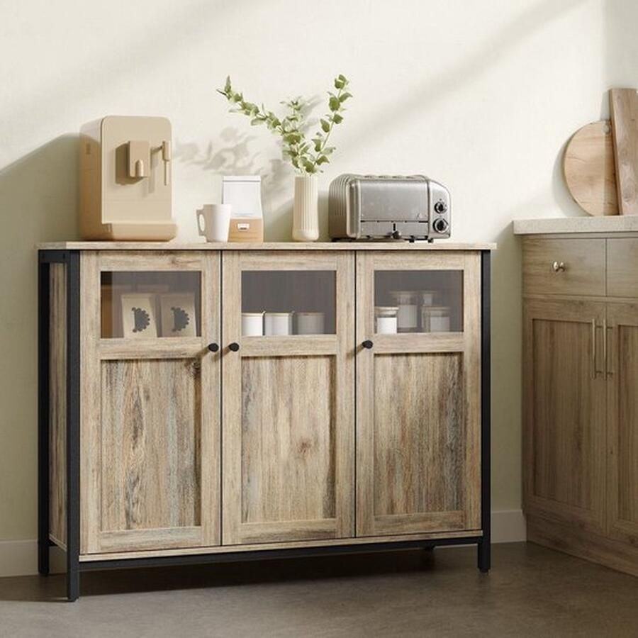 Bloominggoods Dressoirkast Keukenkast Opbergkast Camel Bruin spaanplaat Bruin-inktzwart staal Groot Verstelbare planken 35 cm x 100 cm x 75 cm