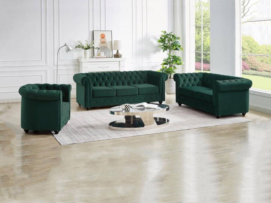 Drie- en tweezitsbank en fauteuil van groen velours CHESTERFIELD L 205 cm x H 72 cm x D 88 cm