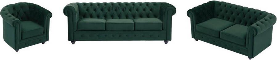 Drie- en tweezitsbank en fauteuil van groen velours CHESTERFIELD L 205 cm x H 72 cm x D 88 cm