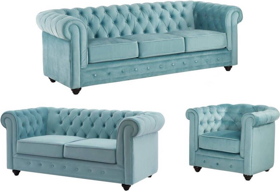 Drie- en tweezitsbank en fauteuil van pastelblauw velours CHESTERFIELD L 205 cm x H 72 cm x D 88 cm