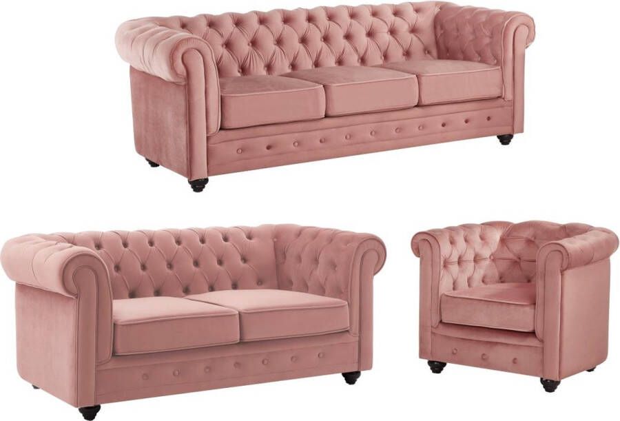 Vente-unique Drie- en tweezitsbank en fauteuil van pastelroze velours CHESTERFIELD L 205 cm x H 72 cm x D 88 cm - Foto 1