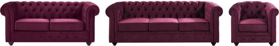 Drie- en tweezitsbank en fauteuil van purper velours CHESTERFIELD L 205 cm x H 72 cm x D 88 cm