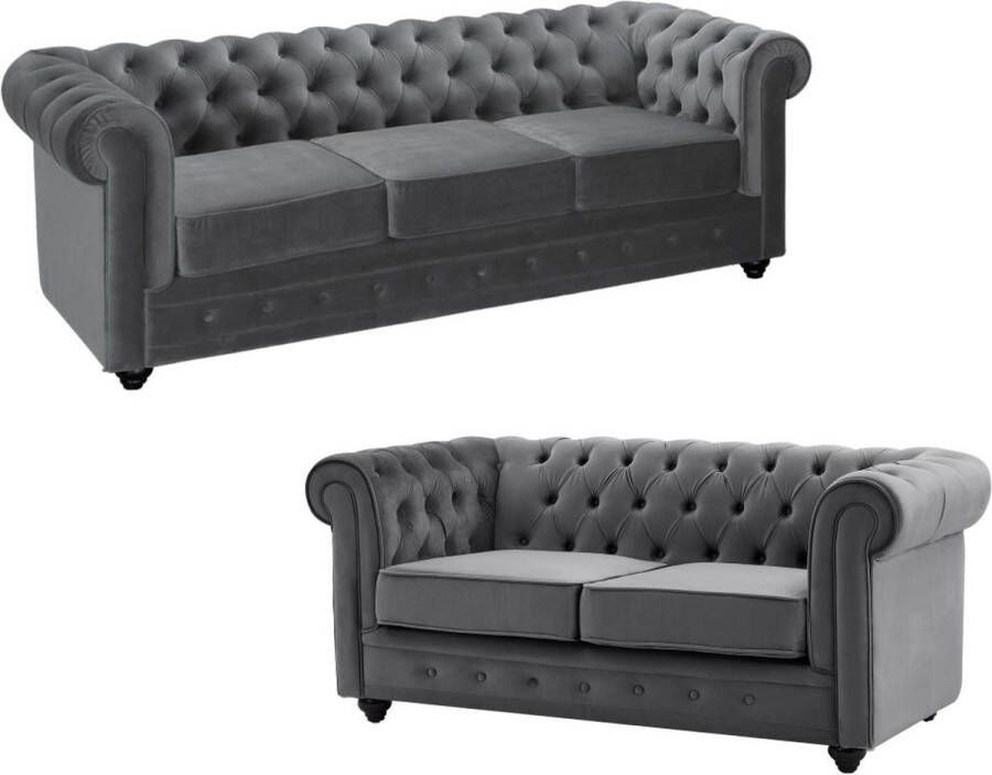 Vente-unique Drie- en tweezitsbank van antracietkleurig velours CHESTERFIELD L 205 cm x H 72 cm x D 88 cm - Foto 2