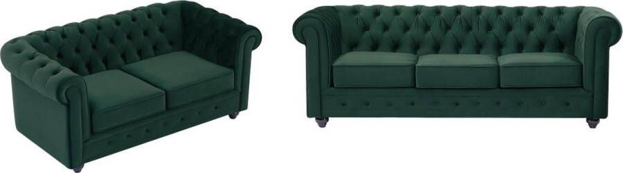 Vente-unique Drie- en tweezitsbank van groen velours CHESTERFIELD L 205 cm x H 72 cm x D 88 cm - Foto 1