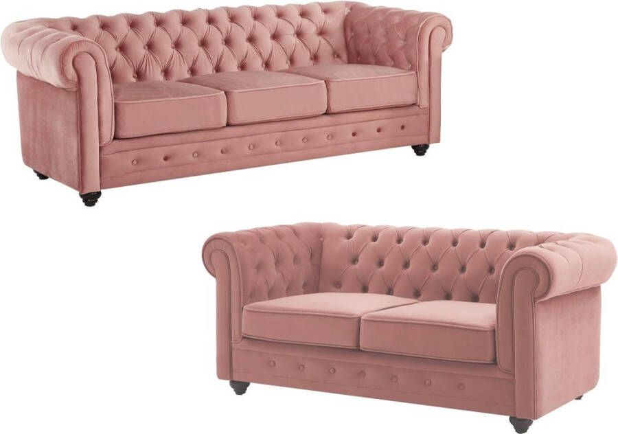 Vente-unique Drie- en tweezitsbank van pastelroze velours CHESTERFIELD L 205 cm x H 72 cm x D 88 cm