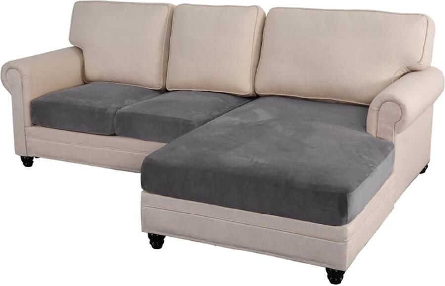 Driedelige fluwelen kussenset losse L-vormige bankhoes stretch bankhoes met 2 kussenslopen meubelbeschermer (bank 2-zits + 1 chaise longue donkergrijs)