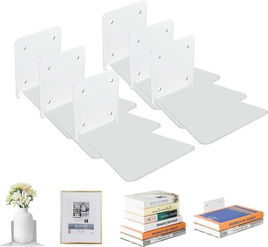 Driehoek zwevende boekenplanken ijzer onzichtbare wandmontage multifunctionele wandplanken wit 6 stuks