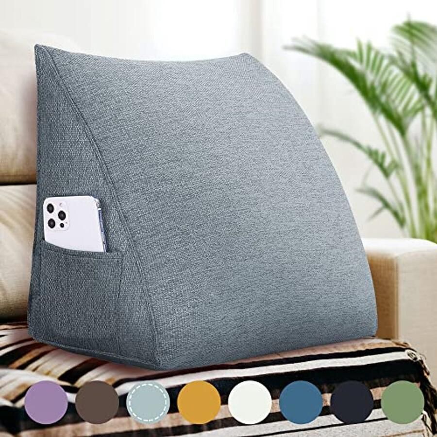 Driehoekig leeskussen met steunfunctie voor bed en bank multifunctioneel kussen met zijvak (grijs 45 cm)