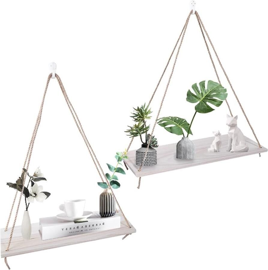2 stuks wandplank houten hangplank met touw bloemenschommel praktische planken wandplank boho decoratie hangende wandschommel zwevende planken rustieke houten hangplanken schommeltouw voor woonkamer en kantoor