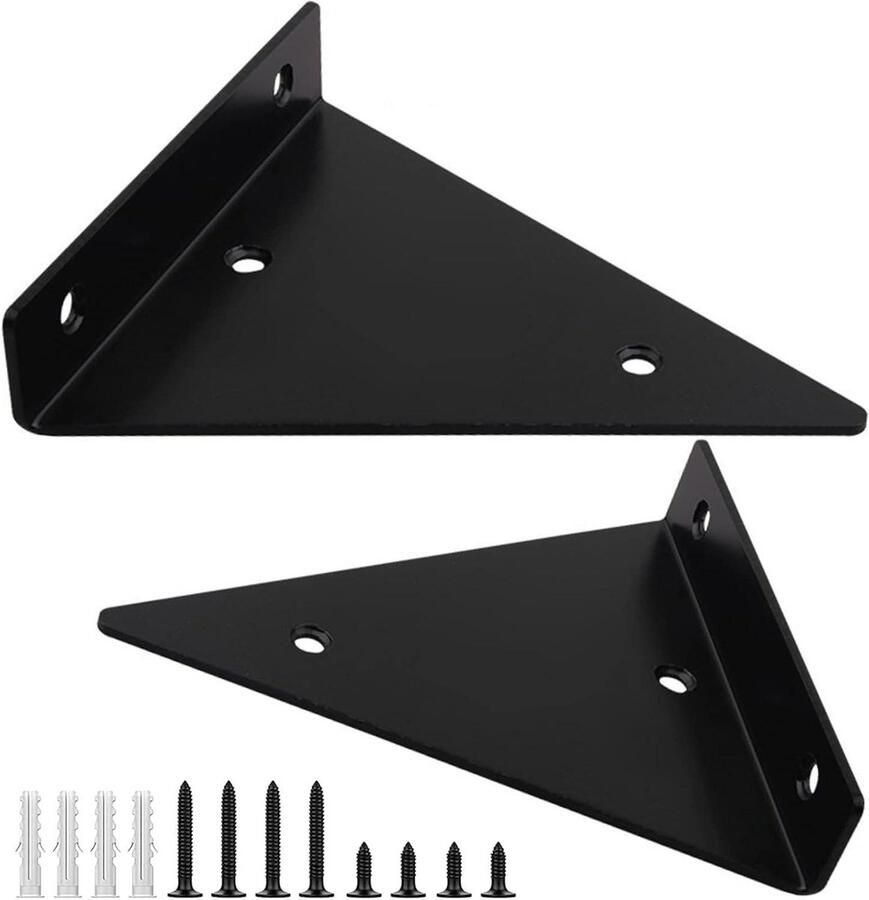Driehoekige plankdragers set van 2 onzichtbaar zwart zwevende wandhouders met schroeven voor boekenplanken en keukenplanken