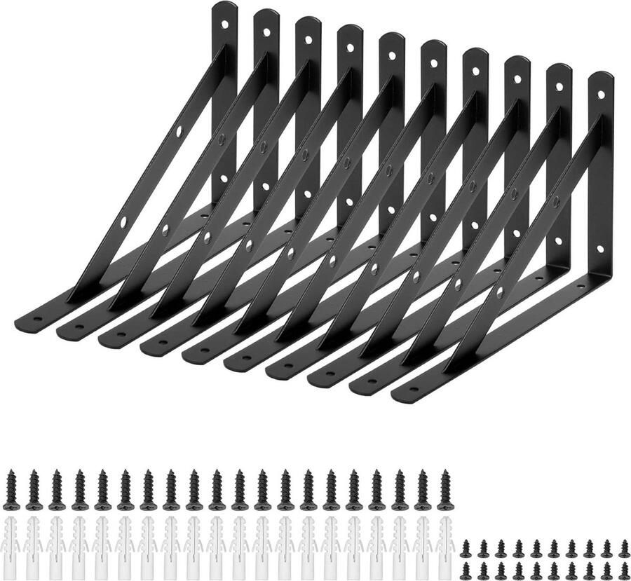 Driehoekige Plankhouder 10 stuks 30x20 cm Metalen Wandplank Decoratie Zwarte Plankdrager 90° hoek met Schroeven
