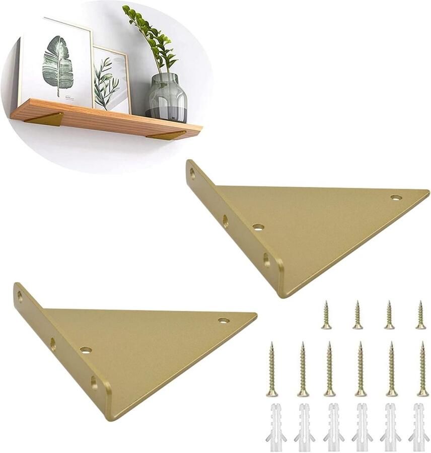 Driehoekige stalen plankbeugel Zware driehoekige verborgen plankbeugel Wandgemonteerde zwevende tafelbeugel Wandmontagebeugel voor plankbeugel 8x10cm Goud 2 stuks