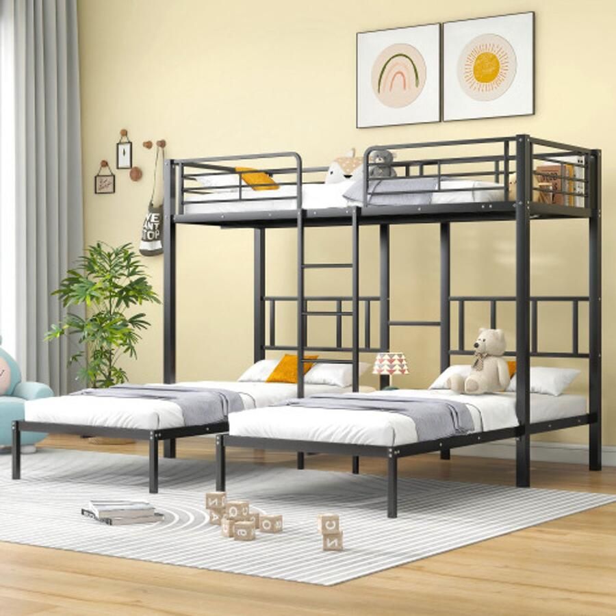 Merlooks Driepersoonsbed driepersoons stapelbed met ladder voor kinderen en tieners ijzeren bed met valbeveiligingsrail en tafel zwart 90x200cm*3