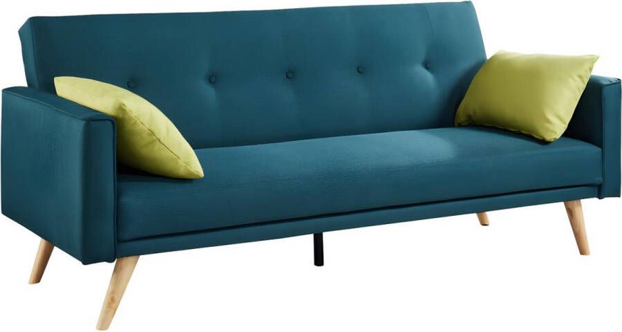 Driezits bedbank van stof DARVEL Eendenblauw en sierkussens appelgroen L 204 cm x H 87 cm x D 84 cm