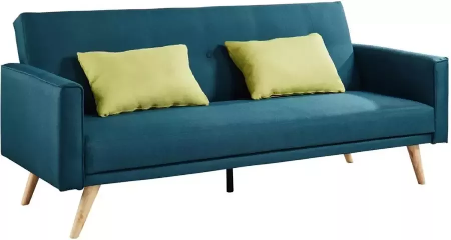 Driezits bedbank van stof DARVEL Eendenblauw en sierkussens appelgroen L 204 cm x H 87 cm x D 84 cm - Foto 2