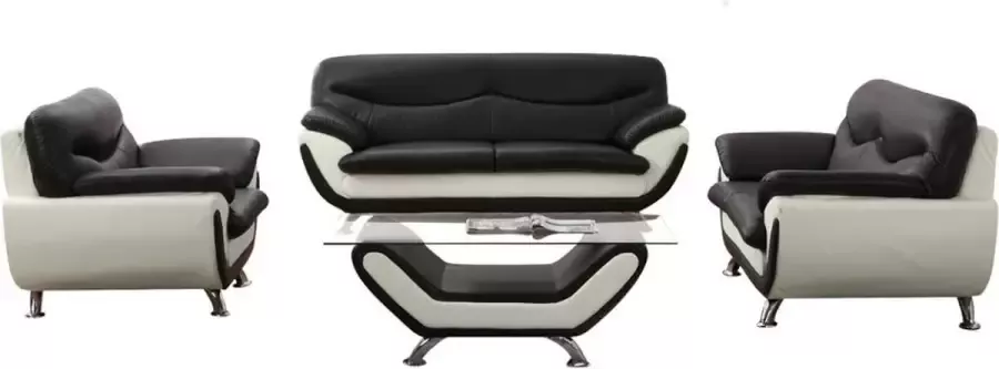 Driezits- tweezitsbank en fauteuil INDICE van kunstleer Tweekleurig zwart en wit L 198 cm x H 86 cm x D 92 cm