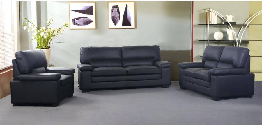 Driezits- tweezitsbank en fauteuil van buffelleer MIMAS zwart L 210 cm x H 96 cm x D 90 cm