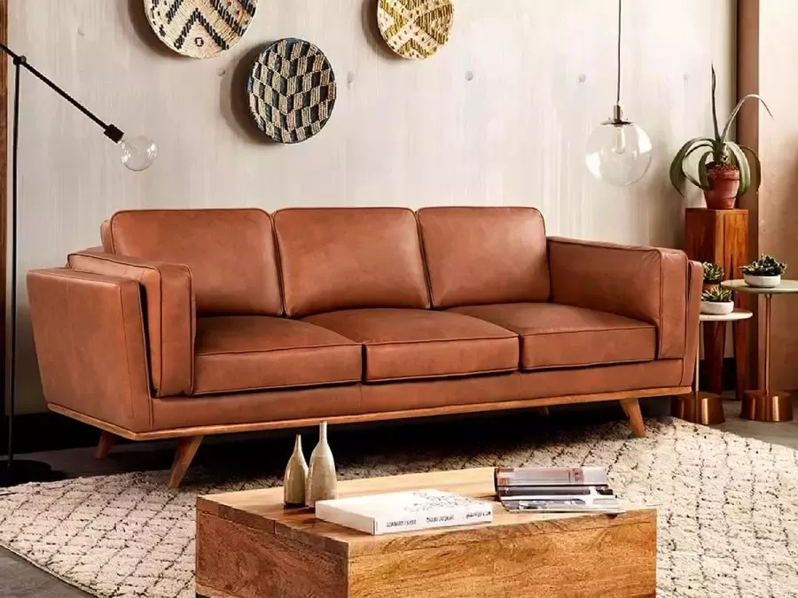 Driezitsbank 100% hoogwaardig leer SAHEL Camel L 220 cm x H 83 cm x D 95 cm