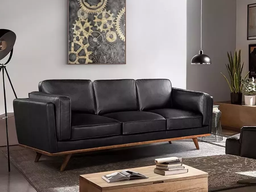 Driezitsbank 100% hoogwaardig leer SAHEL Zwart L 220 cm x H 83 cm x D 95 cm