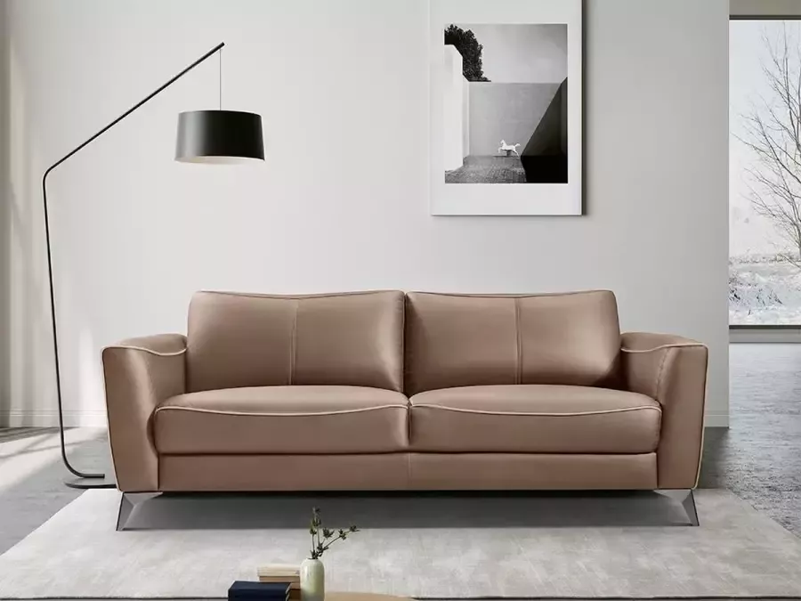 Vente-unique Driezitsbank BATUCO Leer Bruin met beige paspel L 200 cm x H 82 cm x D 86 cm