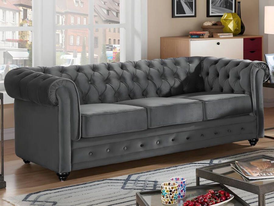 Driezitsbank CHESTERFIELD fluweel antraciet L 205 cm x H 72 cm x D 88 cm