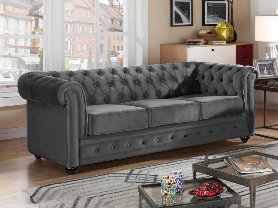 Vente-unique Driezitsbank CHESTERFIELD velours antraciet L 205 cm x H 72 cm x D 88 cm