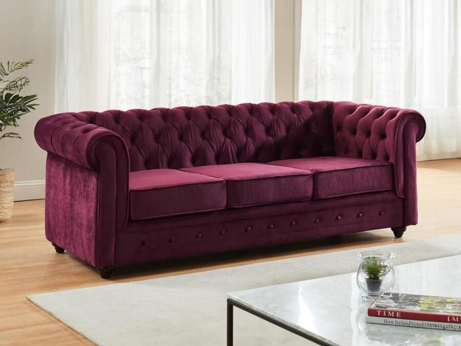 Vente-unique Driezitsbank CHESTERFIELD velours paars L 205 cm x H 72 cm x D 88 cm