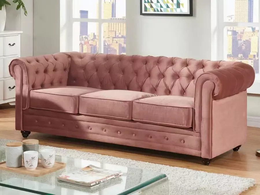 Driezitsbank CHESTERFIELD fluweel pastel roze L 205 cm x H 72 cm x D 88 cm - Foto 2