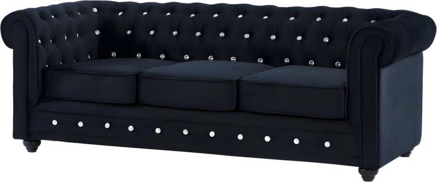 Driezitsbank CHESTERFIELD fluweel zwart met kristallen knopen L 205 cm x H 72 cm x D 88 cm