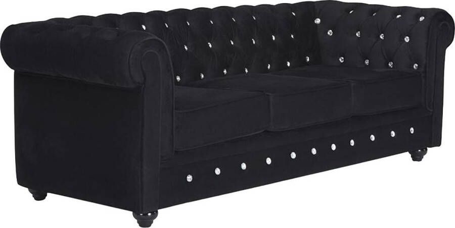 Vente-unique Driezitsbank CHESTERFIELD velours zwart met kristallen knopen L 205 cm x H 72 cm x D 88 cm - Foto 2