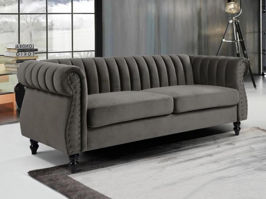 Vente-unique Driezitsbank Chesterfield van fluweel TRUMBO Antraciet L 195 cm x H 77 cm x D 78 cm