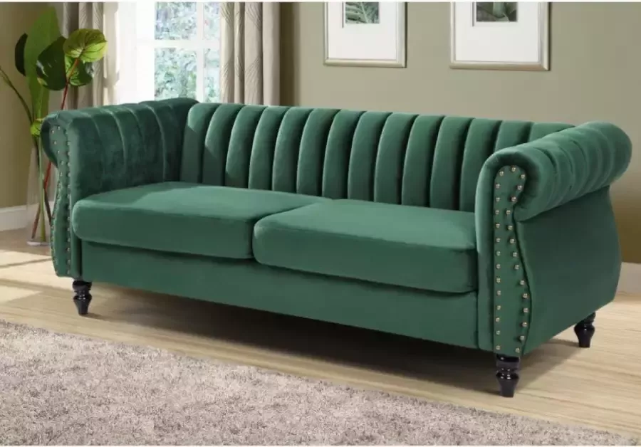 Driezitsbank Chesterfield van fluweel TRUMBO Donkergroen L 195 cm x H 77 cm x D 78 cm