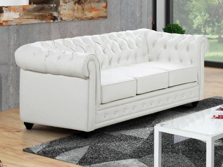 Vente-unique Driezitsbank CHESTERFIELD van kunstleer Wit L 205 cm x H 72 cm x D 88 cm