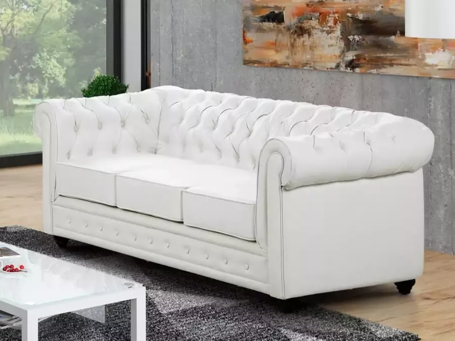 Vente-unique Driezitsbank CHESTERFIELD van kunstleer Wit L 205 cm x H 72 cm x D 88 cm - Foto 2